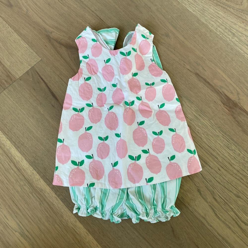 James and Lottie Girls Pink Lemonade Bow Swing Bloomer Short Set Size 24M. EUC
